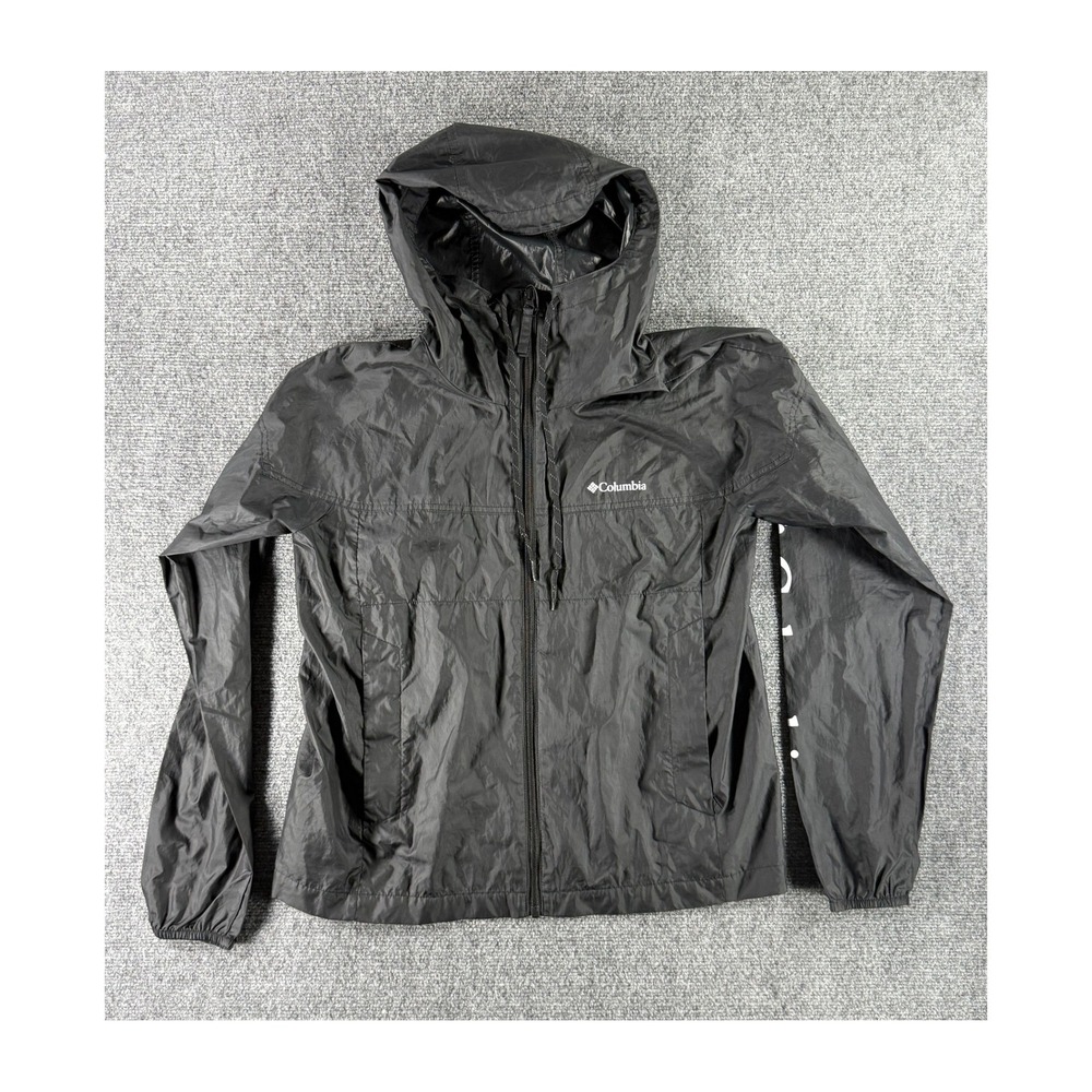 Columbia Womens Black Flash Forward Windbreaker Hooded Jacket Logo Sleeve Size M